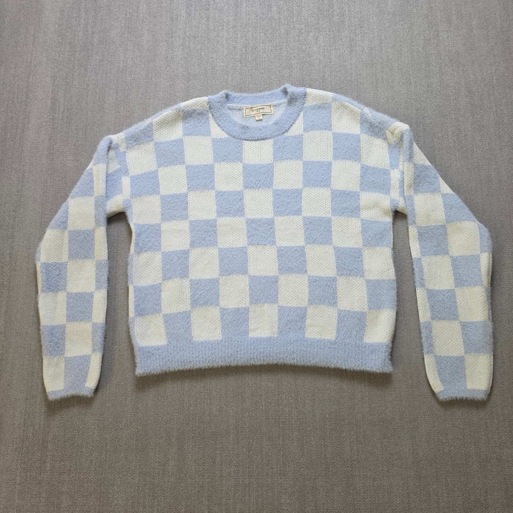 No Comment Checkerboard Sweater Women L Blue White Fuzzy Eyelash Knit RS621434